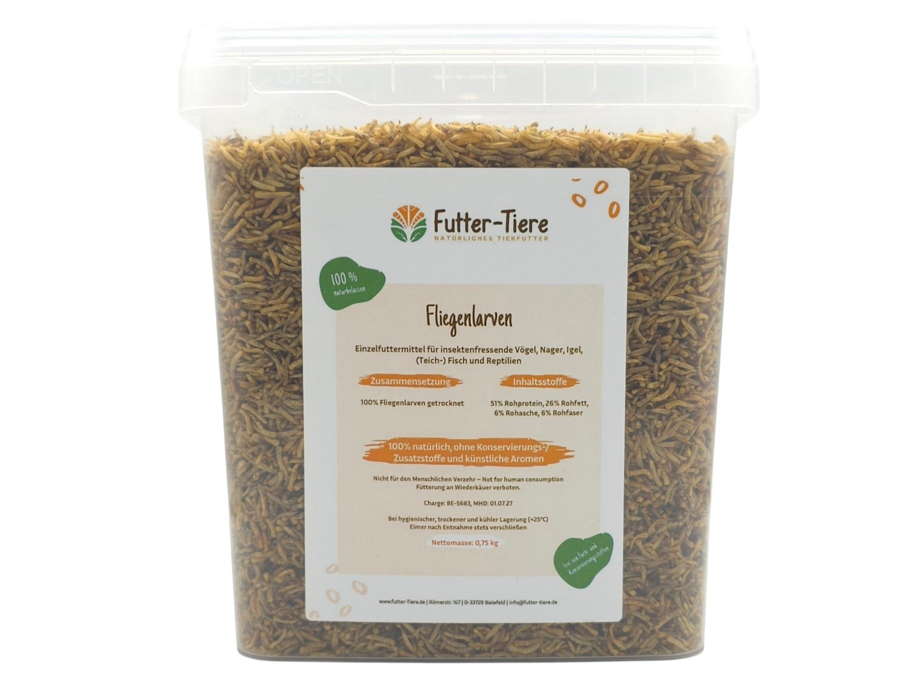 Fliegenlarven getrocknet im Eimer