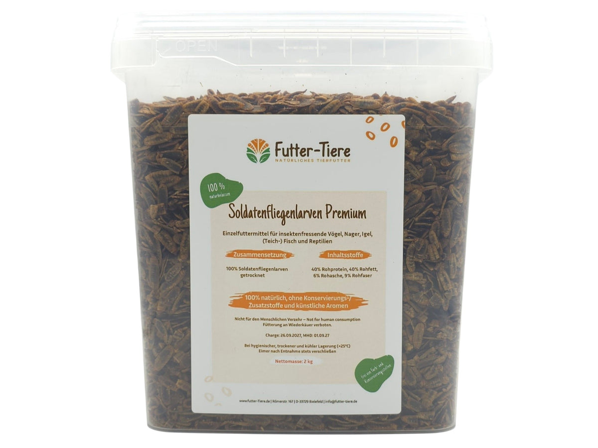 Soldatenfliegenlarven getrocknet Premium 2 kg im 5,5 Liter Eimer